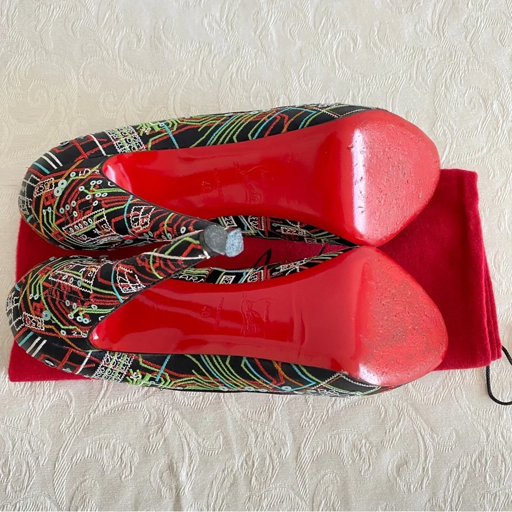 Christian louboutin embroidered peep toe platform pumps